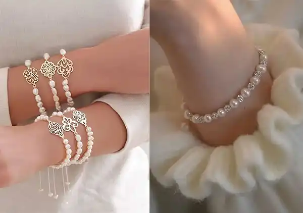 مدل دستبند با مروارید + زیباترین دستبند مرواریدی زنانه با ترکیب فلز طلایی و سنگ‌